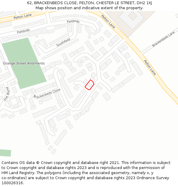 62, BRACKENBEDS CLOSE, PELTON, CHESTER LE STREET, DH2 1XJ: Location map and indicative extent of plot