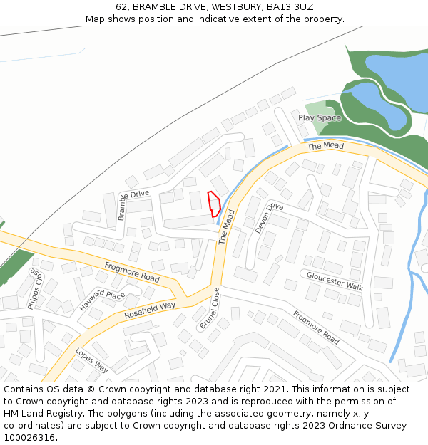 62, BRAMBLE DRIVE, WESTBURY, BA13 3UZ: Location map and indicative extent of plot