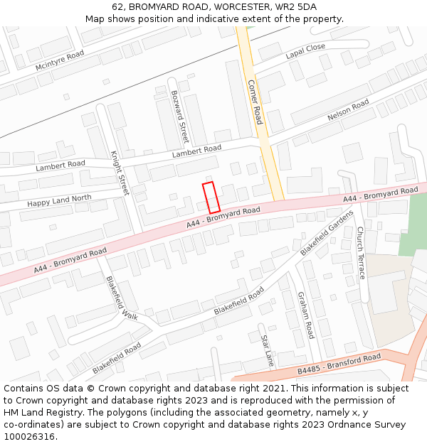 62, BROMYARD ROAD, WORCESTER, WR2 5DA: Location map and indicative extent of plot