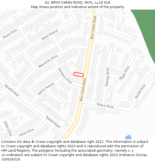 62, BRYN CWNIN ROAD, RHYL, LL18 4UE: Location map and indicative extent of plot