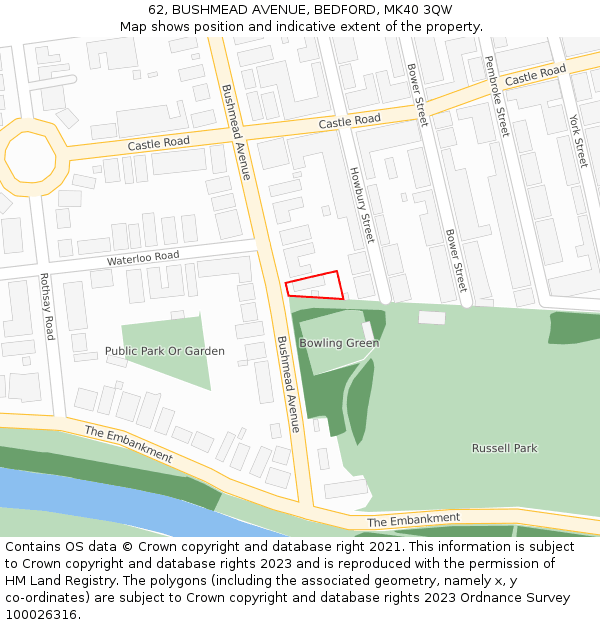 62, BUSHMEAD AVENUE, BEDFORD, MK40 3QW: Location map and indicative extent of plot