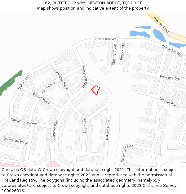 62, BUTTERCUP WAY, NEWTON ABBOT, TQ12 1GT: Location map and indicative extent of plot