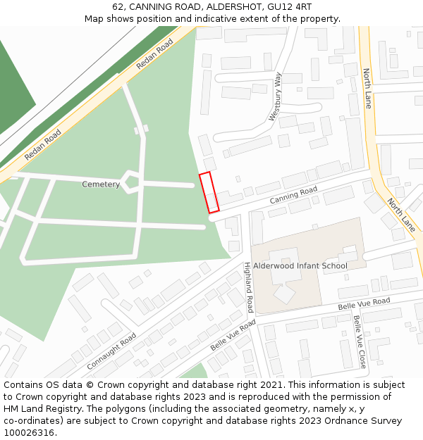 62, CANNING ROAD, ALDERSHOT, GU12 4RT: Location map and indicative extent of plot