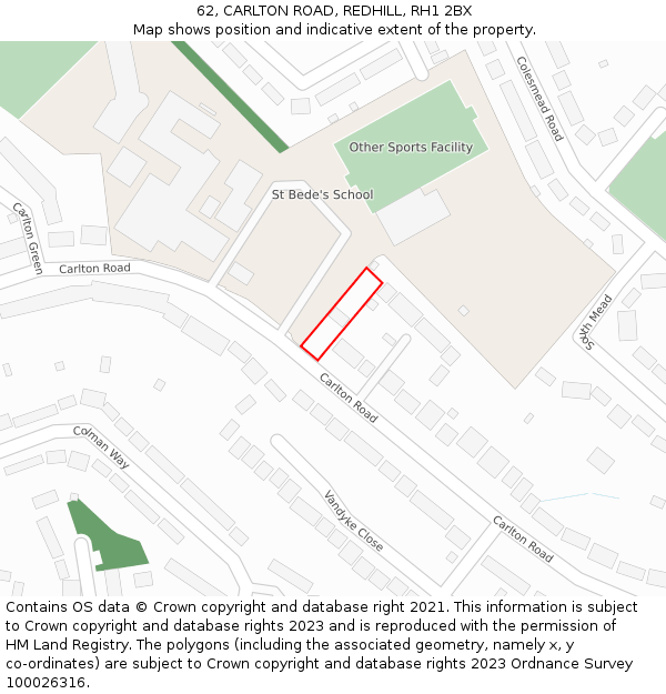 62, CARLTON ROAD, REDHILL, RH1 2BX: Location map and indicative extent of plot