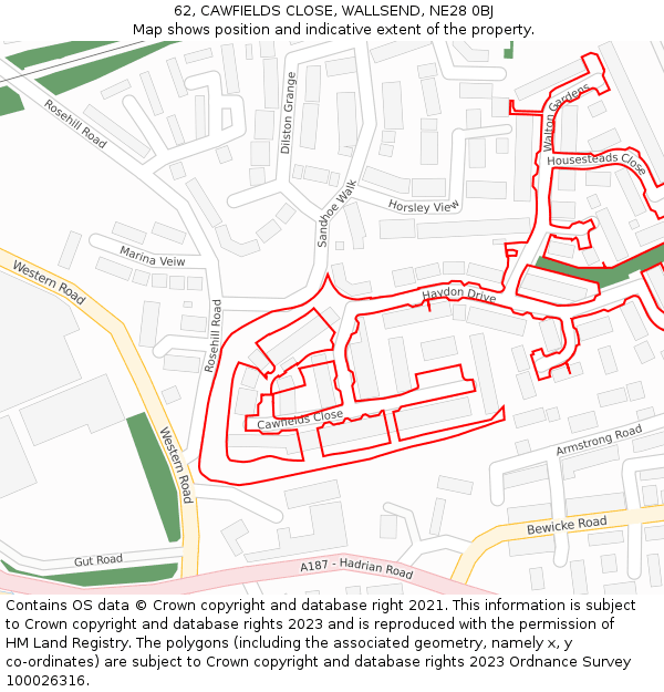 62, CAWFIELDS CLOSE, WALLSEND, NE28 0BJ: Location map and indicative extent of plot