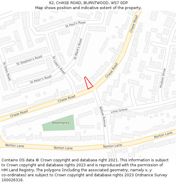 62, CHASE ROAD, BURNTWOOD, WS7 0DP: Location map and indicative extent of plot