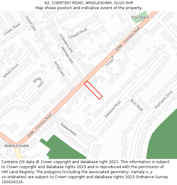 62, CHERTSEY ROAD, WINDLESHAM, GU20 6HP: Location map and indicative extent of plot