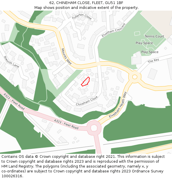 62, CHINEHAM CLOSE, FLEET, GU51 1BF: Location map and indicative extent of plot