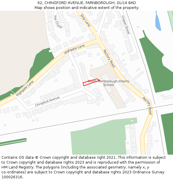 62, CHINGFORD AVENUE, FARNBOROUGH, GU14 8AD: Location map and indicative extent of plot