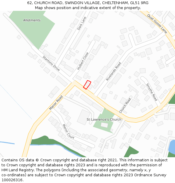 62, CHURCH ROAD, SWINDON VILLAGE, CHELTENHAM, GL51 9RG: Location map and indicative extent of plot