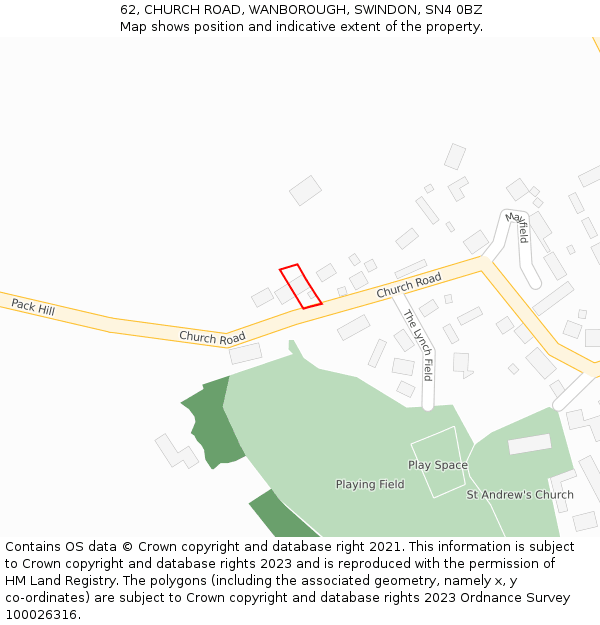 62, CHURCH ROAD, WANBOROUGH, SWINDON, SN4 0BZ: Location map and indicative extent of plot