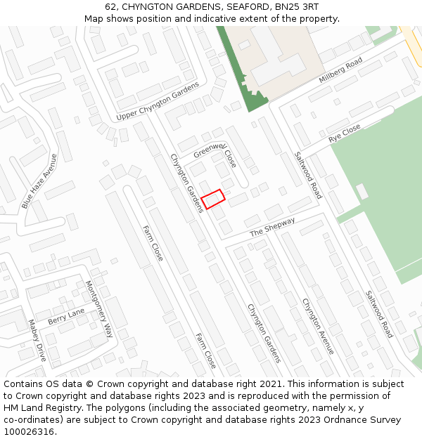 62, CHYNGTON GARDENS, SEAFORD, BN25 3RT: Location map and indicative extent of plot