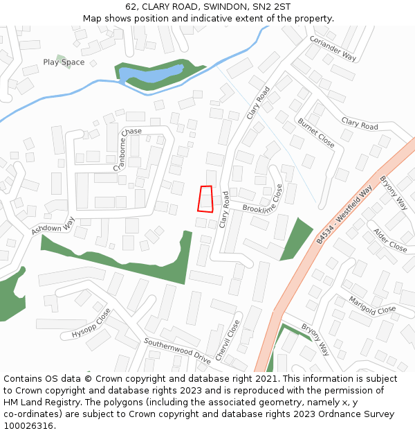 62, CLARY ROAD, SWINDON, SN2 2ST: Location map and indicative extent of plot