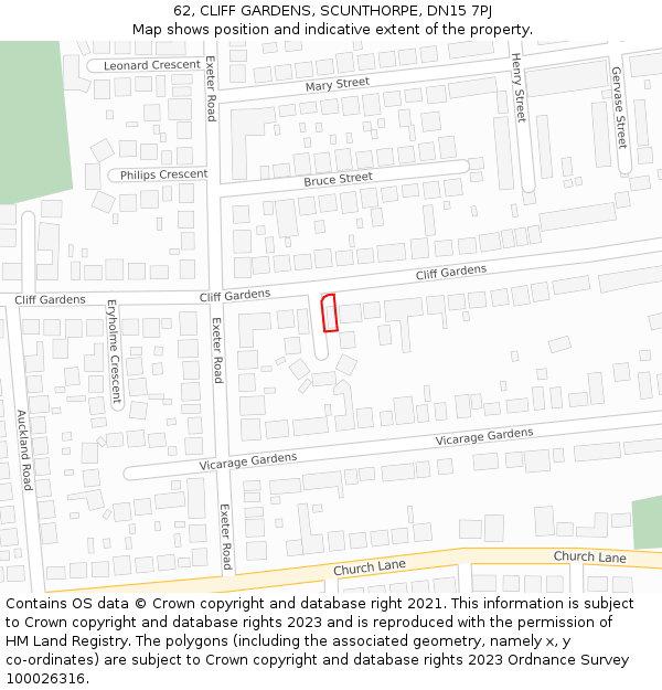 62, CLIFF GARDENS, SCUNTHORPE, DN15 7PJ: Location map and indicative extent of plot