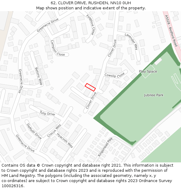62, CLOVER DRIVE, RUSHDEN, NN10 0UH: Location map and indicative extent of plot