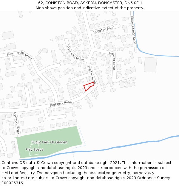 62, CONISTON ROAD, ASKERN, DONCASTER, DN6 0EH: Location map and indicative extent of plot