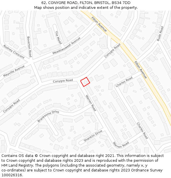 62, CONYGRE ROAD, FILTON, BRISTOL, BS34 7DD: Location map and indicative extent of plot