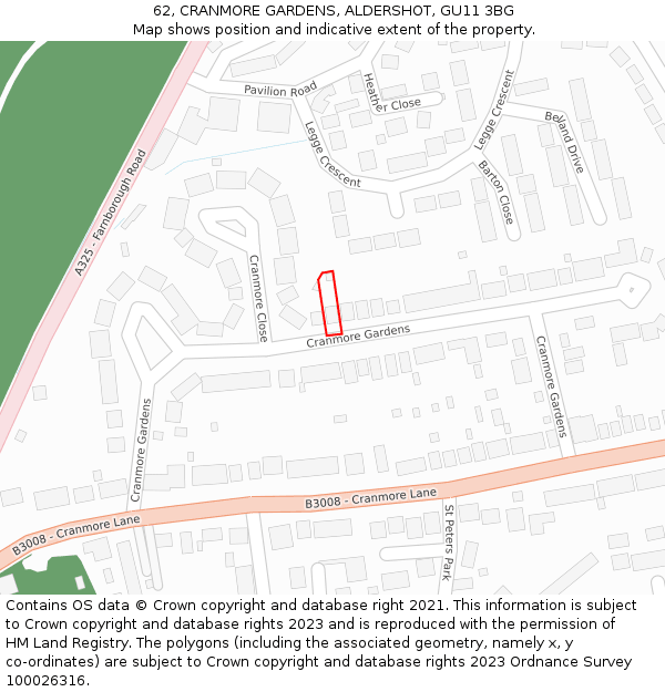 62, CRANMORE GARDENS, ALDERSHOT, GU11 3BG: Location map and indicative extent of plot