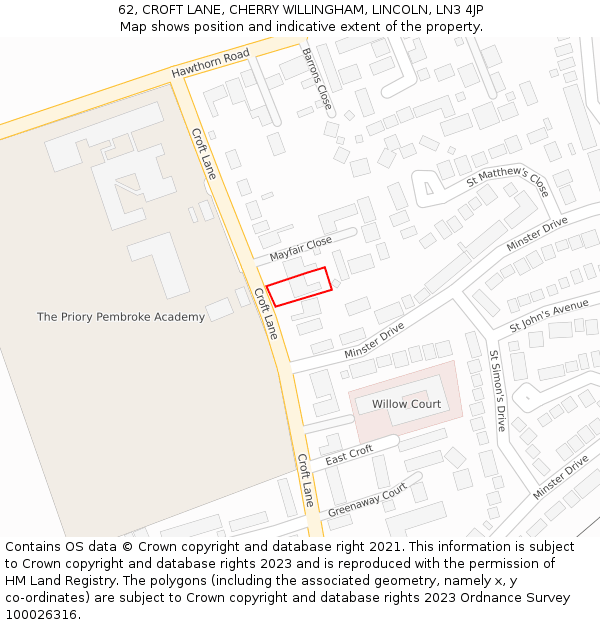 62, CROFT LANE, CHERRY WILLINGHAM, LINCOLN, LN3 4JP: Location map and indicative extent of plot