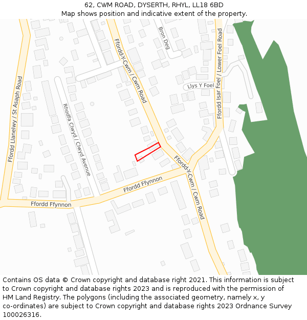 62, CWM ROAD, DYSERTH, RHYL, LL18 6BD: Location map and indicative extent of plot