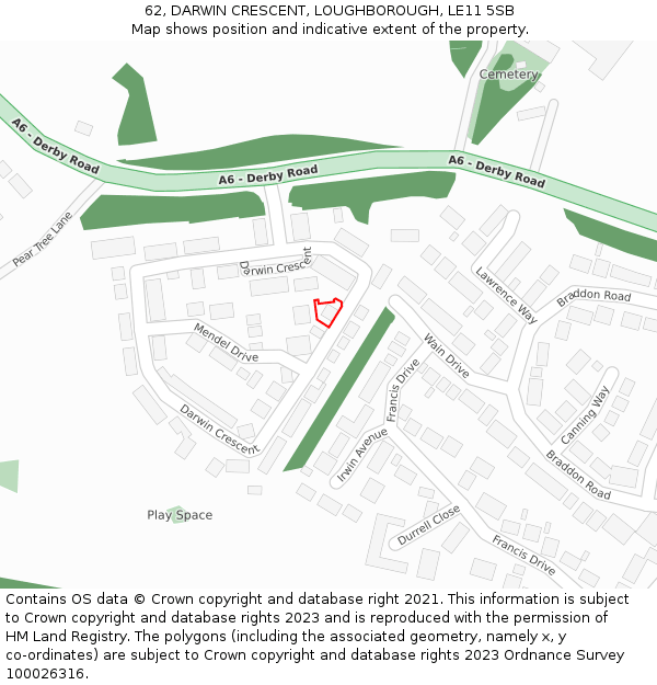 62, DARWIN CRESCENT, LOUGHBOROUGH, LE11 5SB: Location map and indicative extent of plot