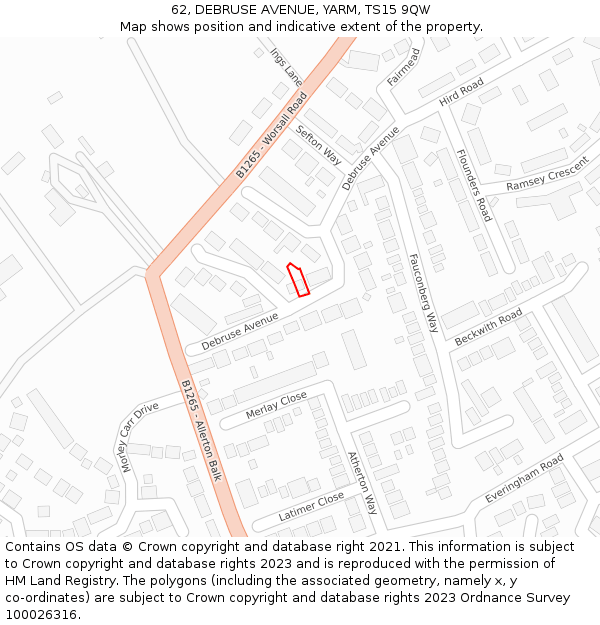 62, DEBRUSE AVENUE, YARM, TS15 9QW: Location map and indicative extent of plot