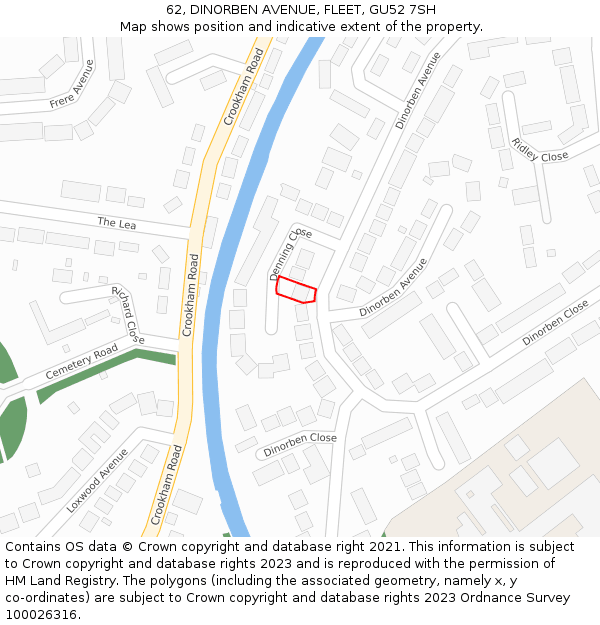 62, DINORBEN AVENUE, FLEET, GU52 7SH: Location map and indicative extent of plot