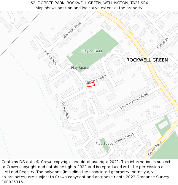 62, DOBREE PARK, ROCKWELL GREEN, WELLINGTON, TA21 9RX: Location map and indicative extent of plot