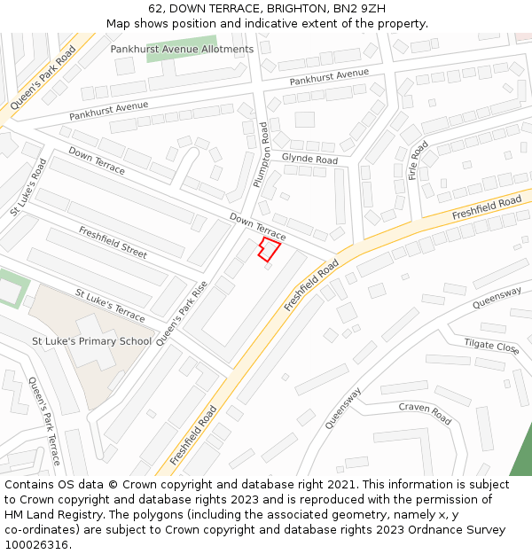 62, DOWN TERRACE, BRIGHTON, BN2 9ZH: Location map and indicative extent of plot