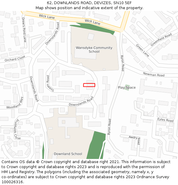 62, DOWNLANDS ROAD, DEVIZES, SN10 5EF: Location map and indicative extent of plot