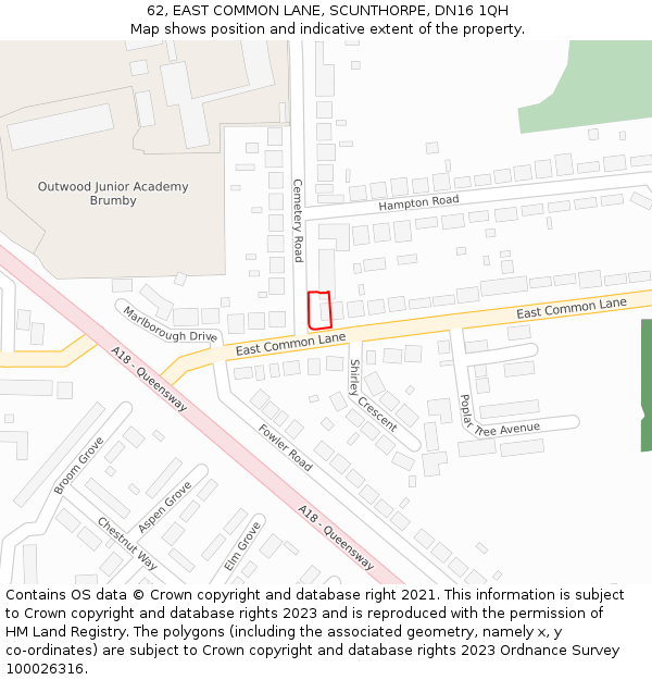 62, EAST COMMON LANE, SCUNTHORPE, DN16 1QH: Location map and indicative extent of plot