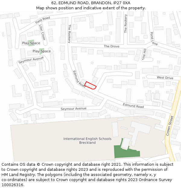 62, EDMUND ROAD, BRANDON, IP27 0XA: Location map and indicative extent of plot