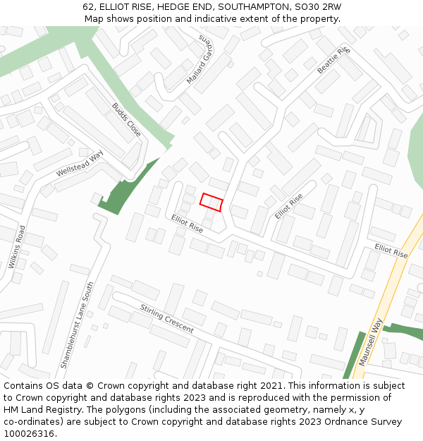 62, ELLIOT RISE, HEDGE END, SOUTHAMPTON, SO30 2RW: Location map and indicative extent of plot