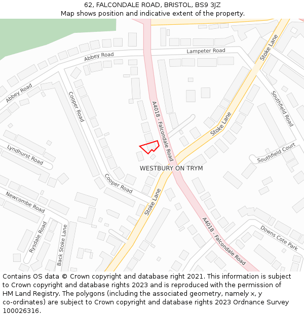 62, FALCONDALE ROAD, BRISTOL, BS9 3JZ: Location map and indicative extent of plot