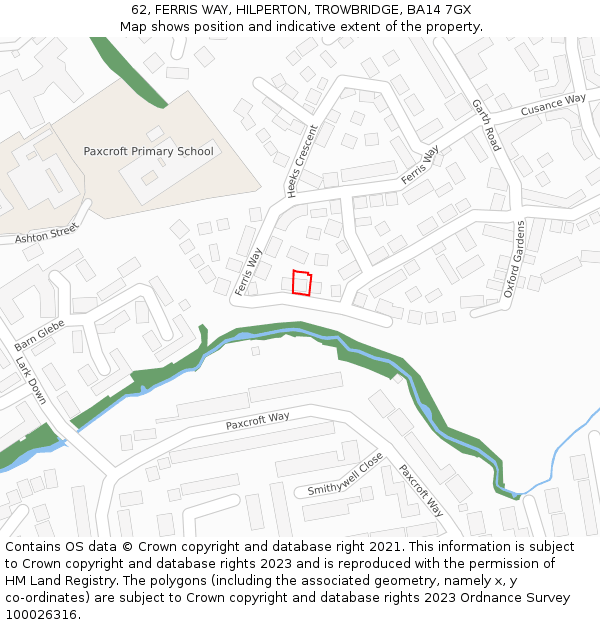 62, FERRIS WAY, HILPERTON, TROWBRIDGE, BA14 7GX: Location map and indicative extent of plot