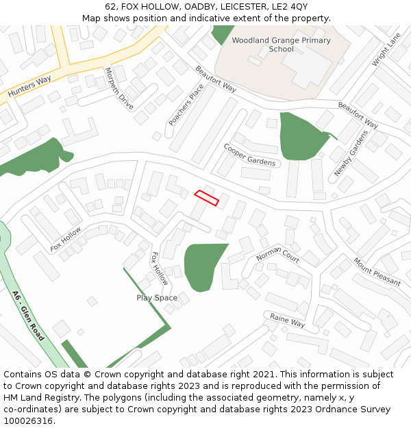 62, FOX HOLLOW, OADBY, LEICESTER, LE2 4QY: Location map and indicative extent of plot