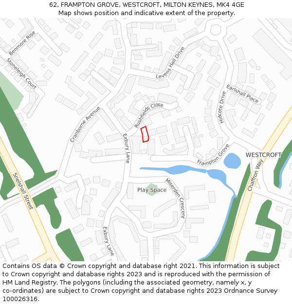 62, FRAMPTON GROVE, WESTCROFT, MILTON KEYNES, MK4 4GE: Location map and indicative extent of plot