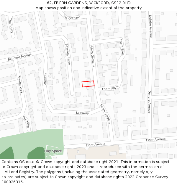 62, FRIERN GARDENS, WICKFORD, SS12 0HD: Location map and indicative extent of plot