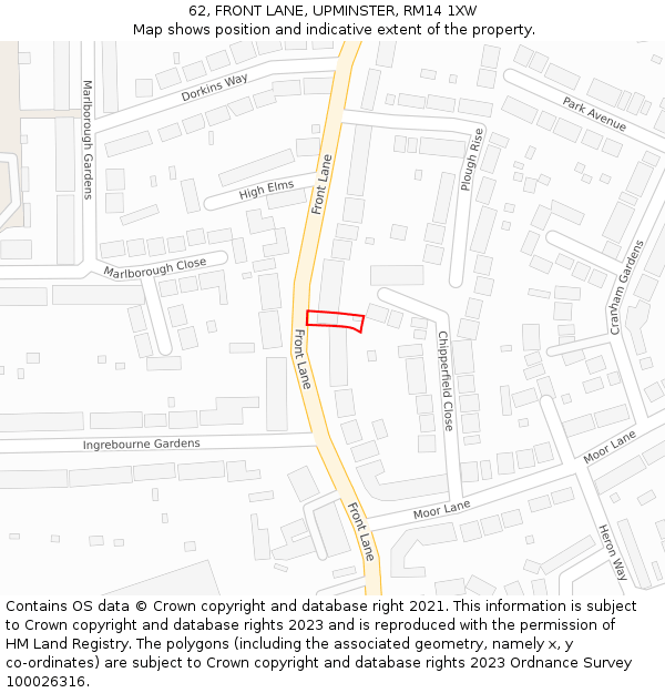 62, FRONT LANE, UPMINSTER, RM14 1XW: Location map and indicative extent of plot