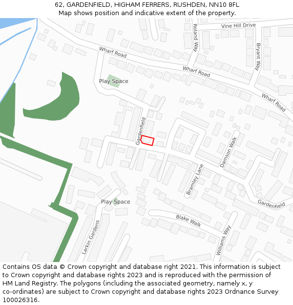 62, GARDENFIELD, HIGHAM FERRERS, RUSHDEN, NN10 8FL: Location map and indicative extent of plot