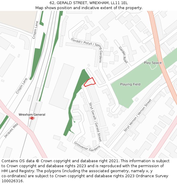 62, GERALD STREET, WREXHAM, LL11 1EL: Location map and indicative extent of plot