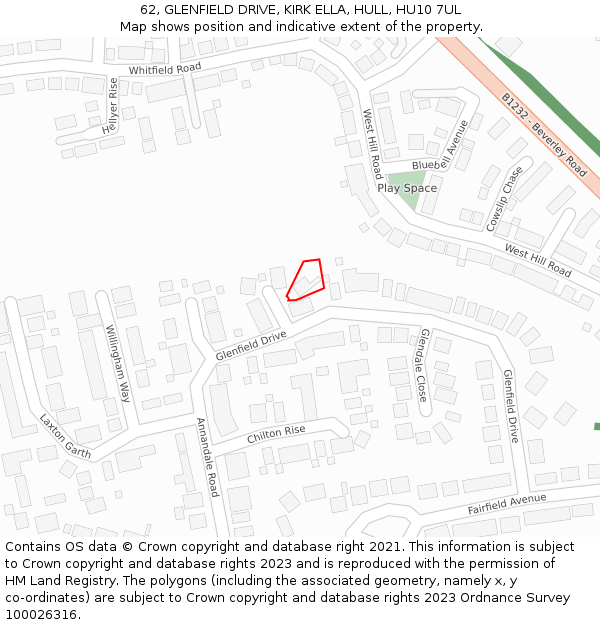 62, GLENFIELD DRIVE, KIRK ELLA, HULL, HU10 7UL: Location map and indicative extent of plot