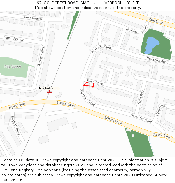 62, GOLDCREST ROAD, MAGHULL, LIVERPOOL, L31 1LT: Location map and indicative extent of plot