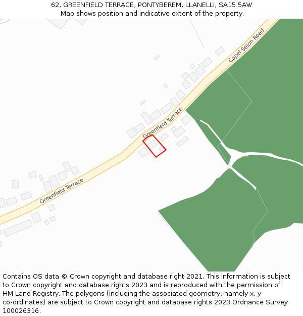 62, GREENFIELD TERRACE, PONTYBEREM, LLANELLI, SA15 5AW: Location map and indicative extent of plot