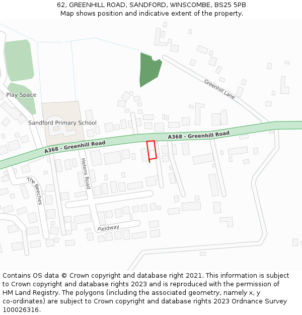 62, GREENHILL ROAD, SANDFORD, WINSCOMBE, BS25 5PB: Location map and indicative extent of plot