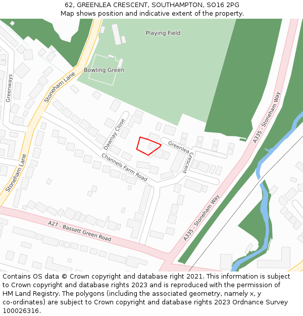 62, GREENLEA CRESCENT, SOUTHAMPTON, SO16 2PG: Location map and indicative extent of plot