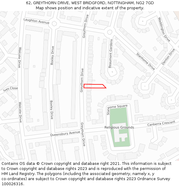 62, GREYTHORN DRIVE, WEST BRIDGFORD, NOTTINGHAM, NG2 7GD: Location map and indicative extent of plot