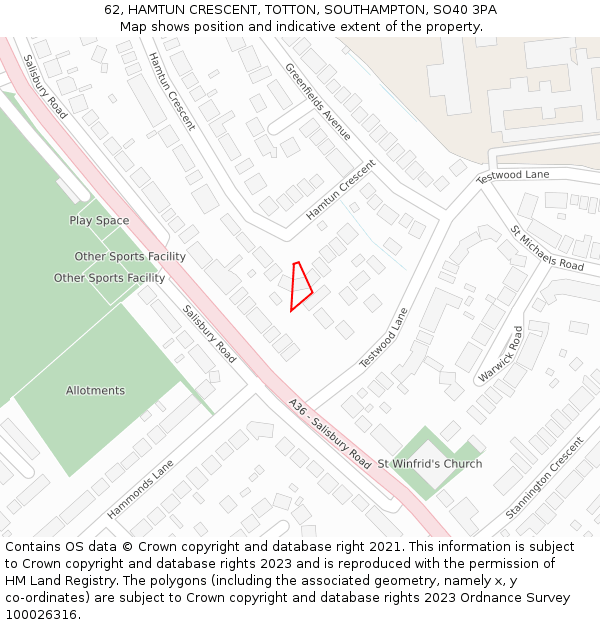 62, HAMTUN CRESCENT, TOTTON, SOUTHAMPTON, SO40 3PA: Location map and indicative extent of plot