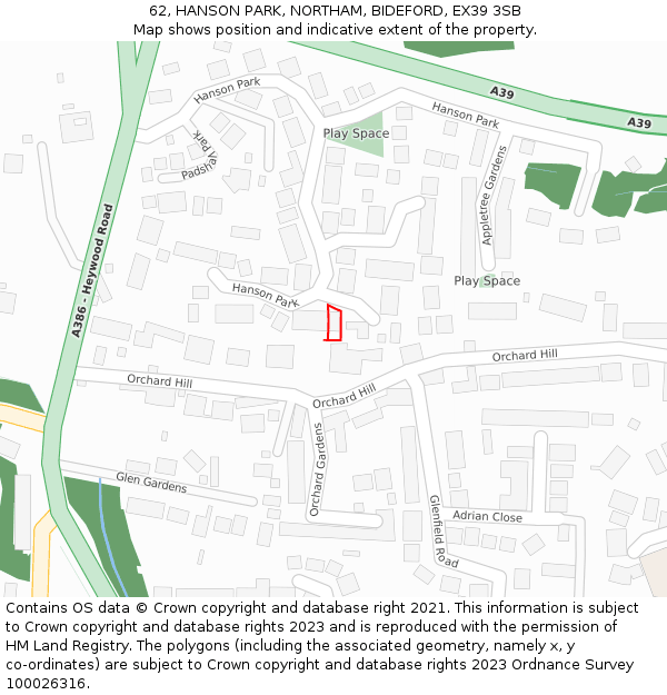 62, HANSON PARK, NORTHAM, BIDEFORD, EX39 3SB: Location map and indicative extent of plot