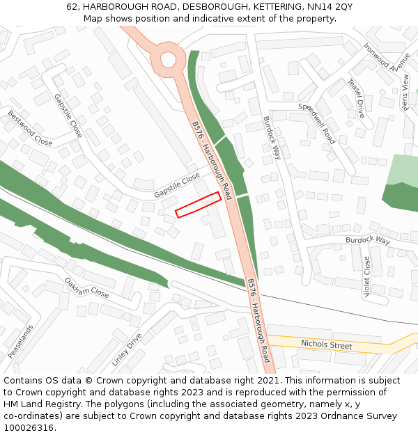 62, HARBOROUGH ROAD, DESBOROUGH, KETTERING, NN14 2QY: Location map and indicative extent of plot